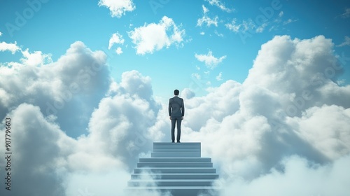 Businessman Standing on a Staircase in the Clouds