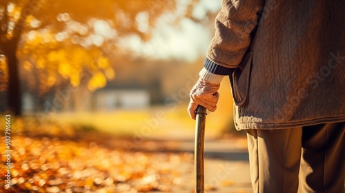 An elderly person walking with a cane in a beautiful autumn park, surrounded by falling leaves and warm sunlight filtering through the trees.