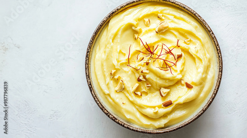 Creamy, smooth Shrikhand garnished with saffron strands and chopped nuts, served in a traditional bowl