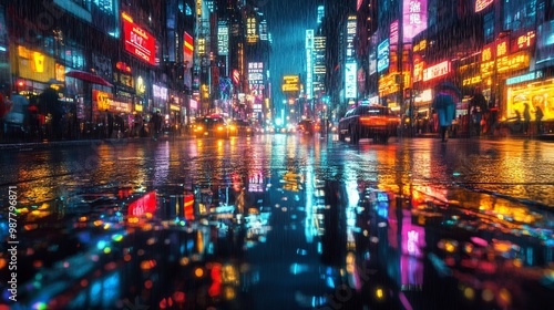 Rain-soaked city streets reflecting the vibrant lights of the city, creating a dazzling spectacle.