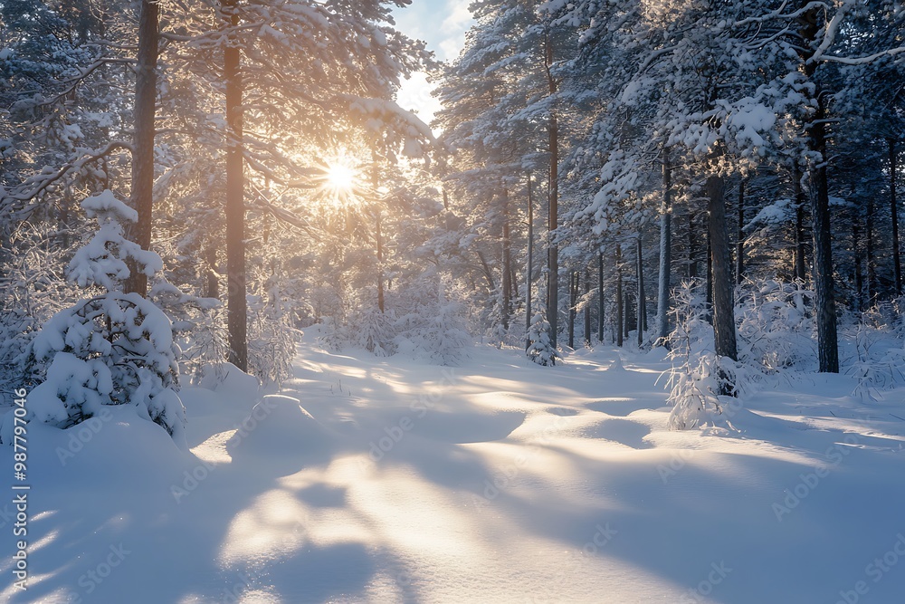 Winter Forest Sunlight, Snowy Pathway through Pine Trees Winter Forest Sunlight, Snowy Pathway through Pine Trees