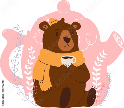 Cute bear holding cup with teapot background