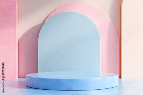 3d podium with soft color palette render style
