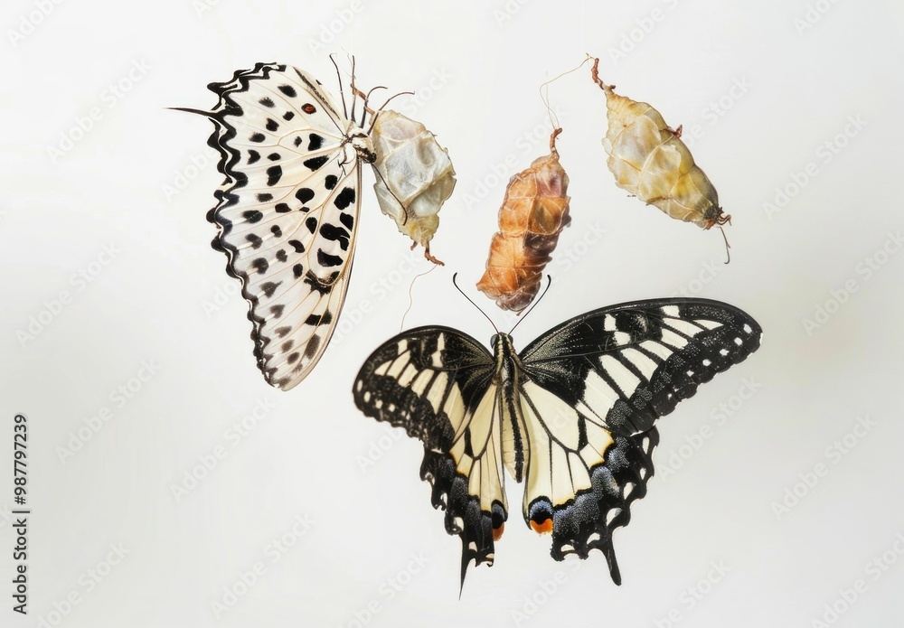 Naklejka premium Butterfly life cycle stages with chrysalises, featuring a black and white butterfly, showcasing metamorphosis against a soft white background, highlighting nature s beauty and transformation