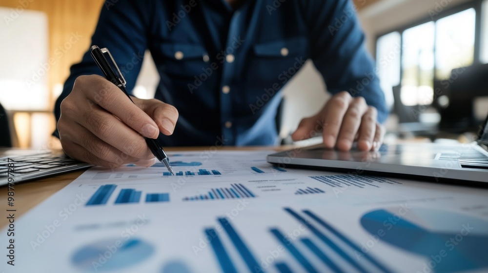 custom made wallpaper toronto digitalClose-up of a Hand Analyzing Financial Charts and a Laptop