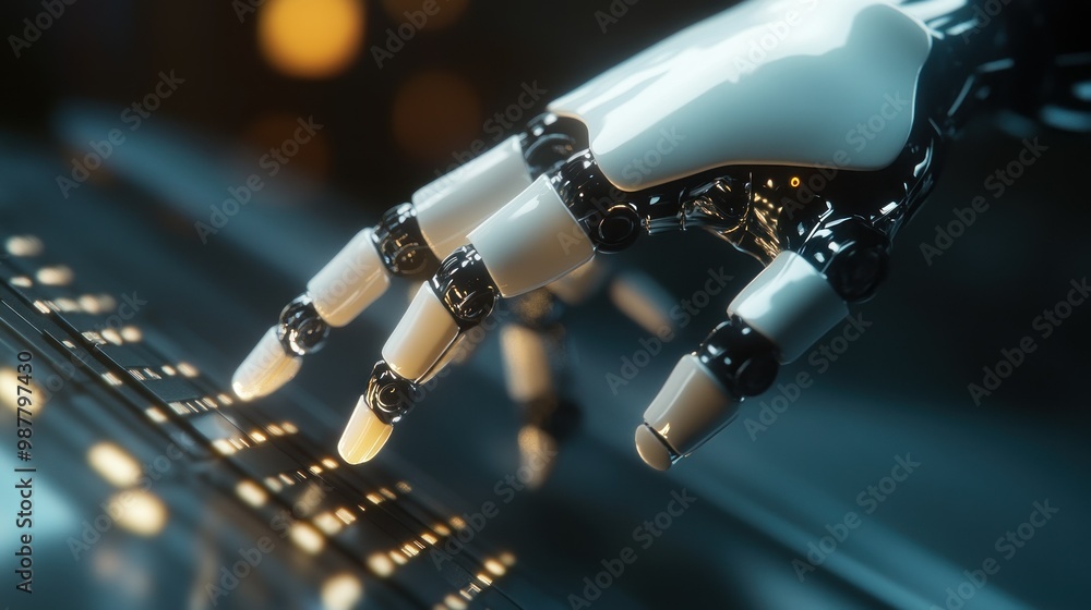A robotic hand with white and black segments interacts with a dark surface. A robotic hand with white and black segments interacts with a dark surface.