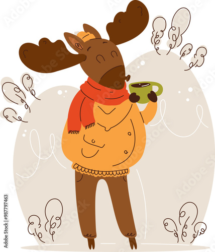 Cartoon moose in scarf enjoying hot drink