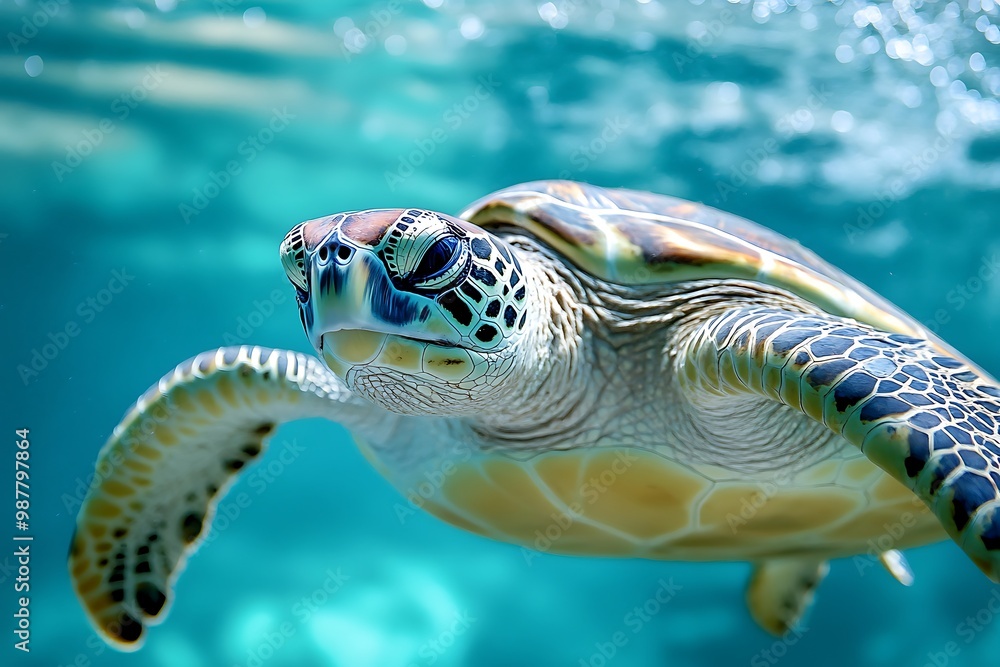 Fototapeta premium Sea Turtle Swimming Underwater in Clear Blue Ocean