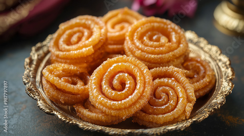 Crispy, spiral-shaped Murukulu, arranged in a neat pile on a decorative plate photo