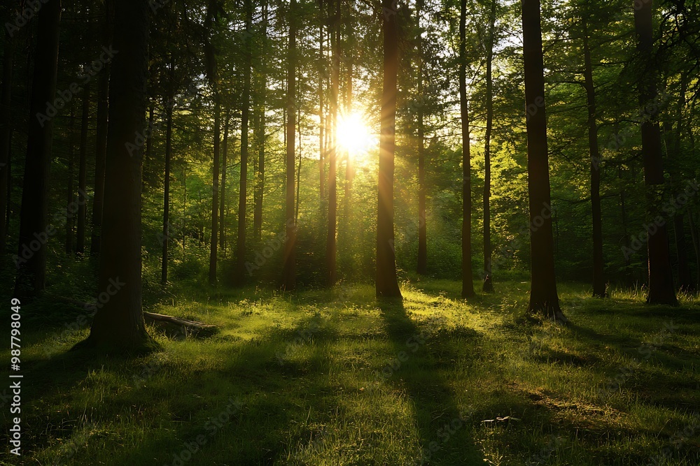 Golden Sunset Through Forest Trees Golden Sunset Through Forest Trees