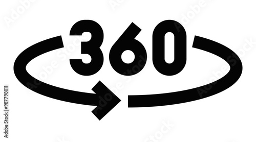 Vector illustration of a 360-degree view icon, symbolizing virtual tours, panoramic views, and interactive experiences. Editable stroke.