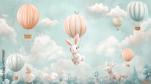 Transport yourself to a whimsical wonderland with this charming illustration. As you gaze upon its surface, you will be greeted by an adorable bunny hopping beneath vibrant hot air balloons