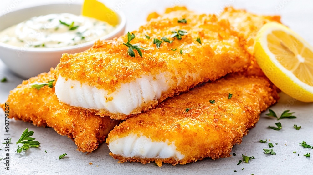 Close-up of golden-coated fish fillets with lemon and tartar sauce. Close-up of golden-coated fish fillets with lemon and tartar sauce.