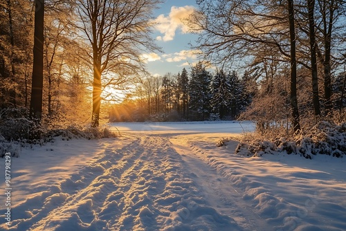 Sun Setting over Snow Covered Path in Winter Forest photo