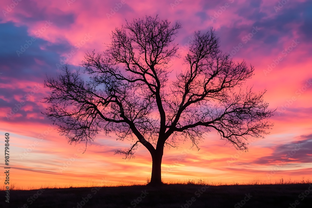 Silhouette of a tree against vibrant sunset sky Silhouette of a tree against vibrant sunset sky