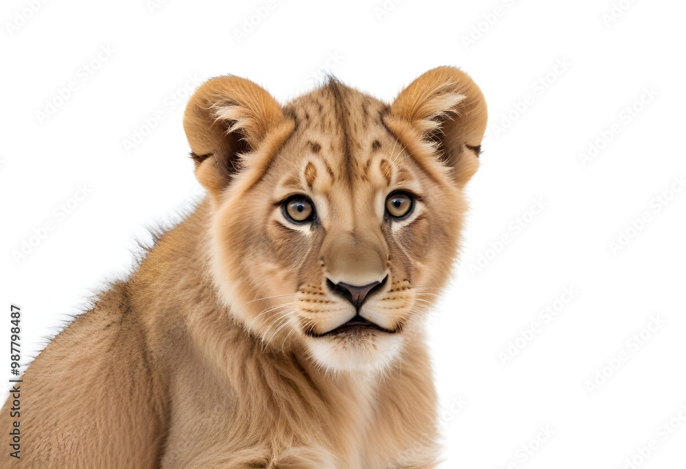 A close-up portrait of a young African lion cub with a fur coat and piercing eyes against a plain white background