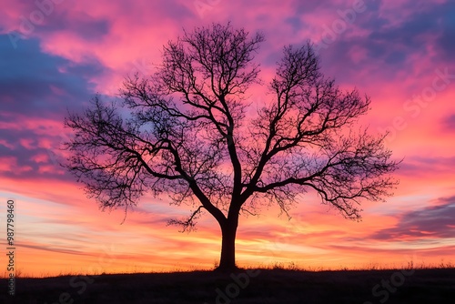 Silhouette of a tree against vibrant sunset sky