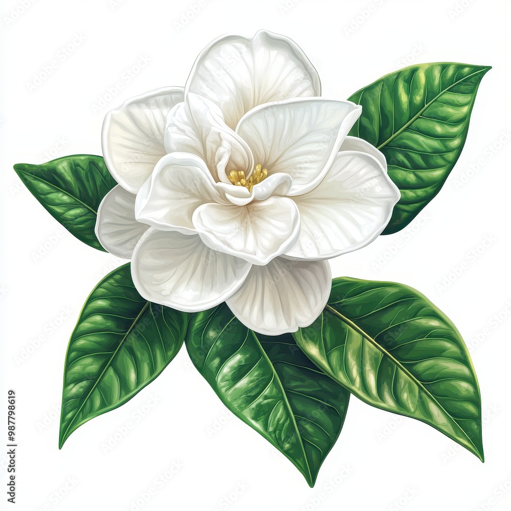 A stunning white flower with lush green leaves, perfect for nature-themed designs, prints, or decor, white background A stunning white flower with lush green leaves, perfect for nature-themed designs, prints, or decor, white background