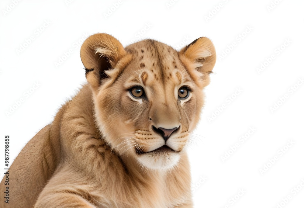 A close-up portrait of a young African lion cub with a fur coat and piercing eyes against a plain white background A close-up portrait of a young African lion cub with a fur coat and piercing eyes against a plain white background