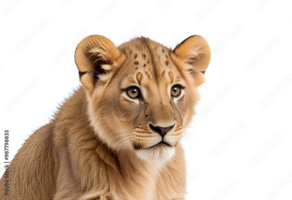 A close-up portrait of a young African lion cub with a fur coat and piercing eyes against a plain white background A close-up portrait of a young African lion cub with a fur coat and piercing eyes against a plain white background