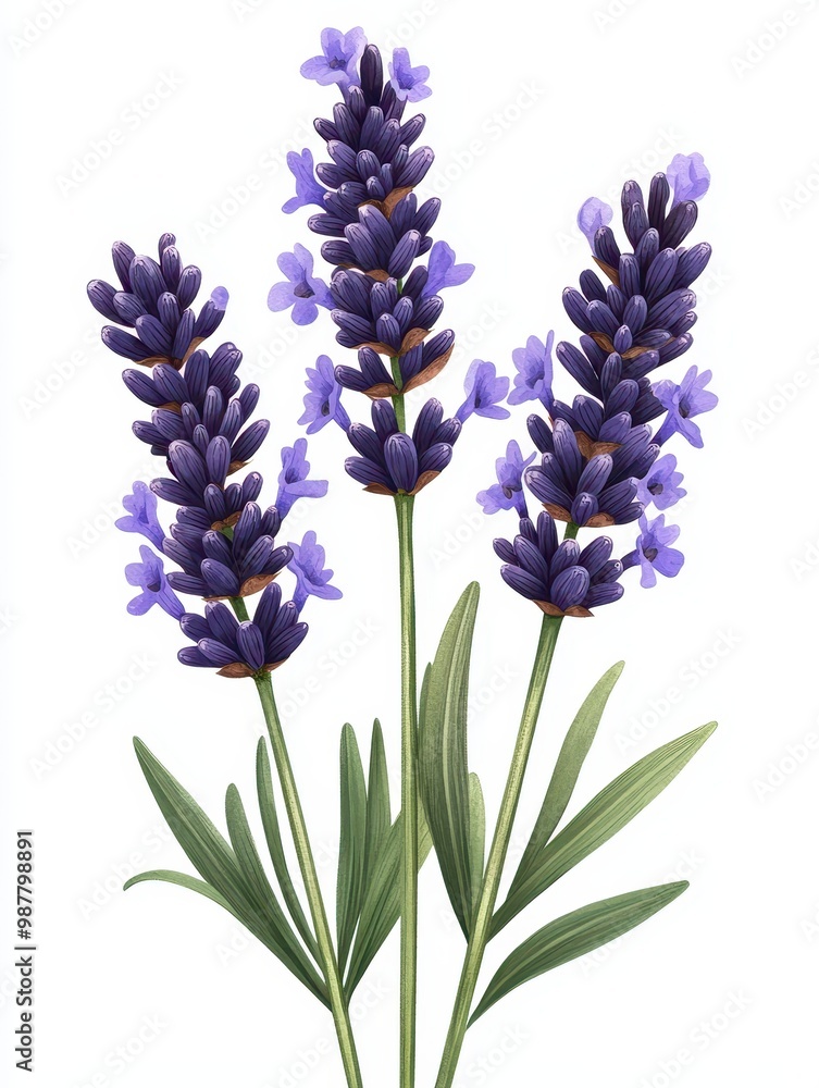 Naklejka premium Beautiful lavender flowers in full bloom, showcasing vibrant purple color and delicate green leaves for a stunning floral display, white background