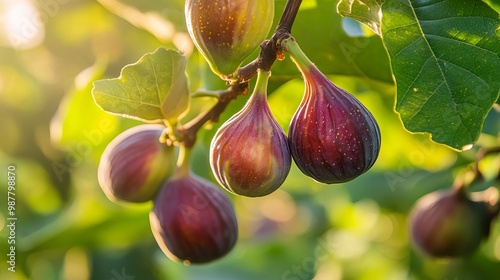 Ripe figs hang tantalizingly on a branch. These fresh, sweet treats are a natural delight, their organic goodness ready to be savored. photo