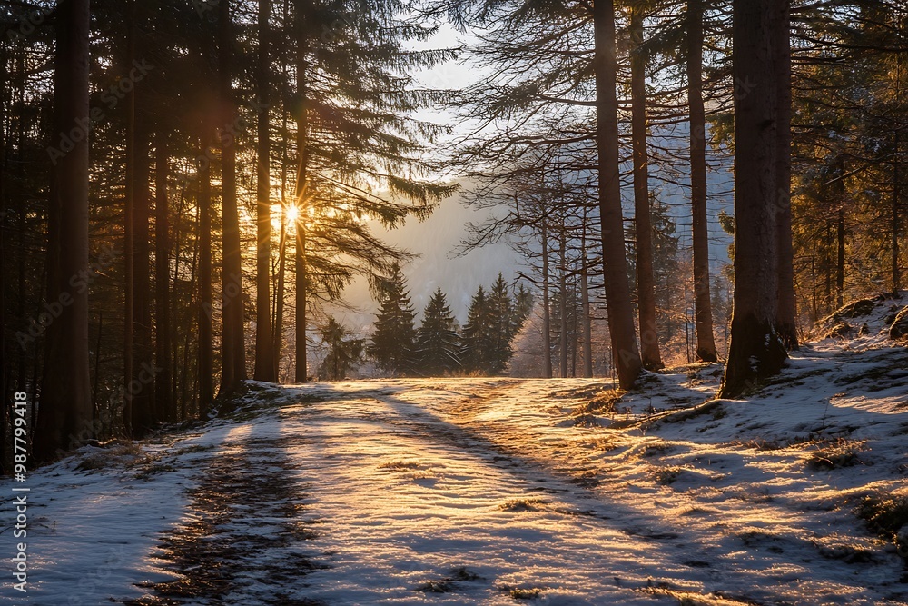 Sun shining through trees in a snowy forest path Sun shining through trees in a snowy forest path