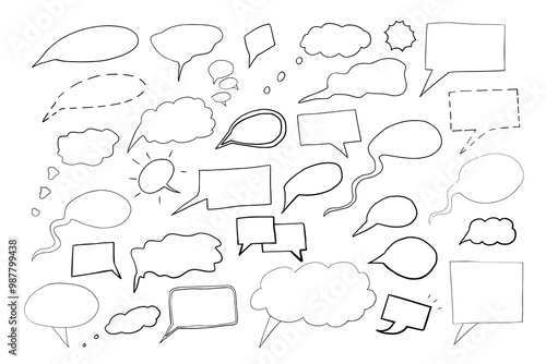 Set of speech bubbles in doodle style. Speech balloons. communication, bubble, balloon, talk, comic, chat, bubbles, speak, dialog, text, comics, message, box, thought. Hand-drawn vector illustration