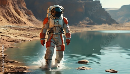 Exploring New Worlds: Astronaut in Spacesuit Journeying Through Water on a Scientific Mission to the Moon photo