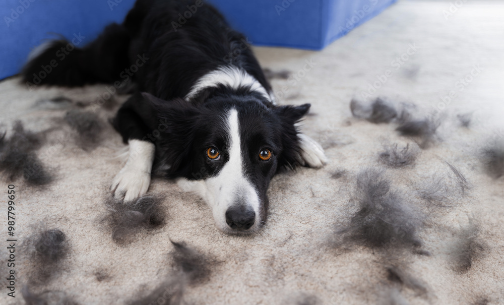Fototapeta premium A black and white border collie lies sadly on a carpet next to clumps of its moulting fur. Upset dog during shedding season. A black and white dog is moulting in the apartment.