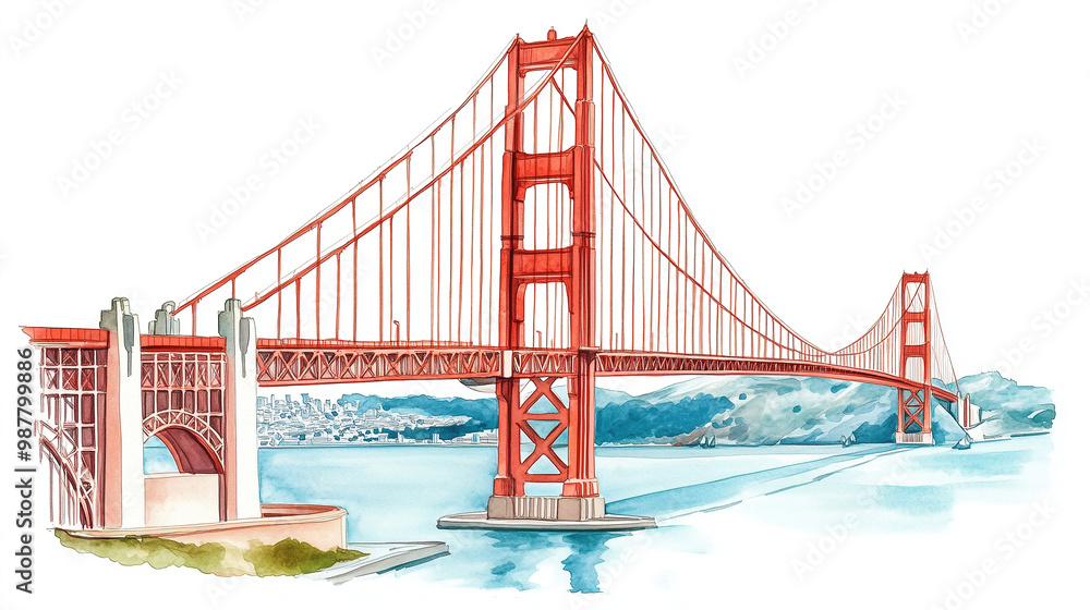 Fototapeta premium watercolor painting of Golden Gate Bridge isolated on white background