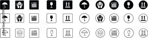 Sticker fragile handle with care, black fragile warning label, label with broken glass symbol, maximum stock, umbrella, direction sign, holding box vector set asset collection line and flat isolated.