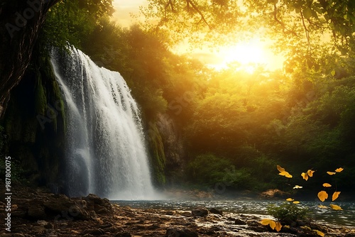 Golden Hour Waterfall with Sun Rays and Butterflies