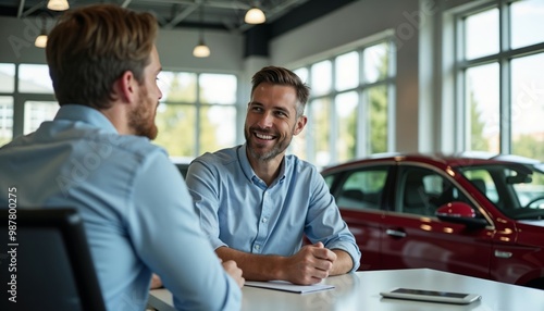 Two men sit at a table in a car dealership talking