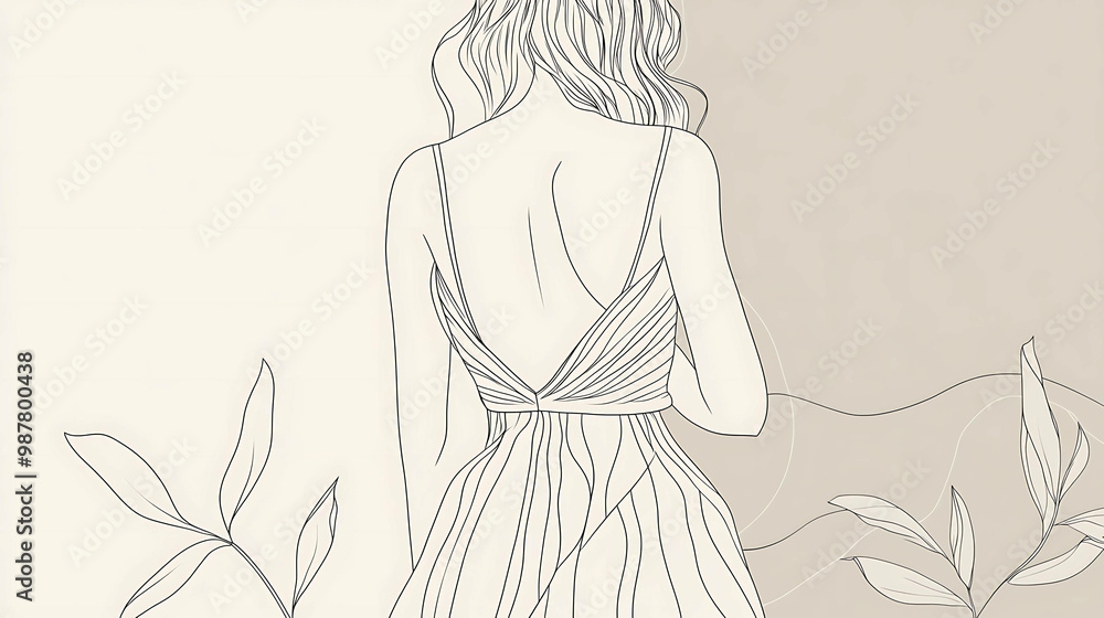 Line art illustration of a woman in a dress with floral accents. Line art illustration of a woman in a dress with floral accents.
