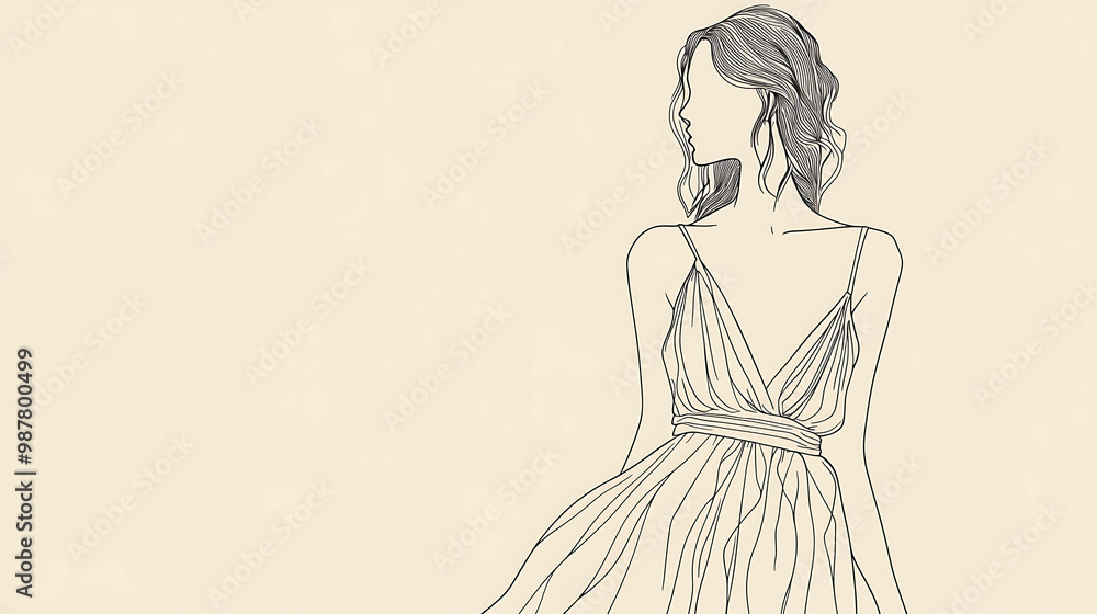 Line art illustration of a woman in a long flowing dress. Line art illustration of a woman in a long flowing dress.