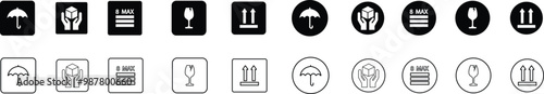 Sticker fragile handle with care, black fragile warning label, label with broken glass symbol, maximum stock, umbrella, direction sign, holding box vector set asset collection line and flat isolated.
