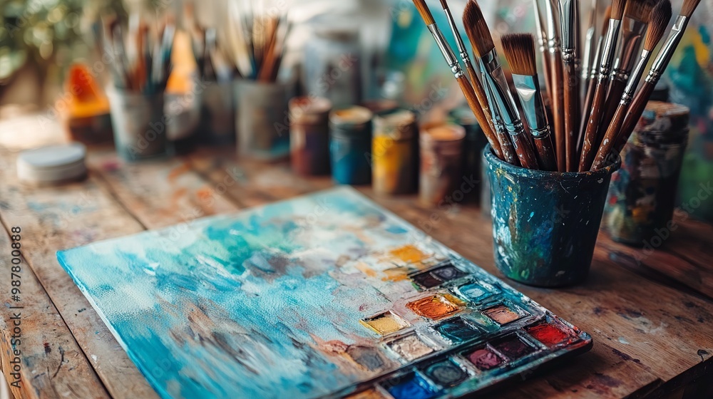 Watercolor palette with brushes and book on wooden texture background. Artist workspace. Creative art concept. Paint your ideas on paper. Supplies for art at studio. Creative art at home. Watercolor palette with brushes and book on wooden texture background. Artist workspace. Creative art concept. Paint your ideas on paper. Supplies for art at studio. Creative art at home.