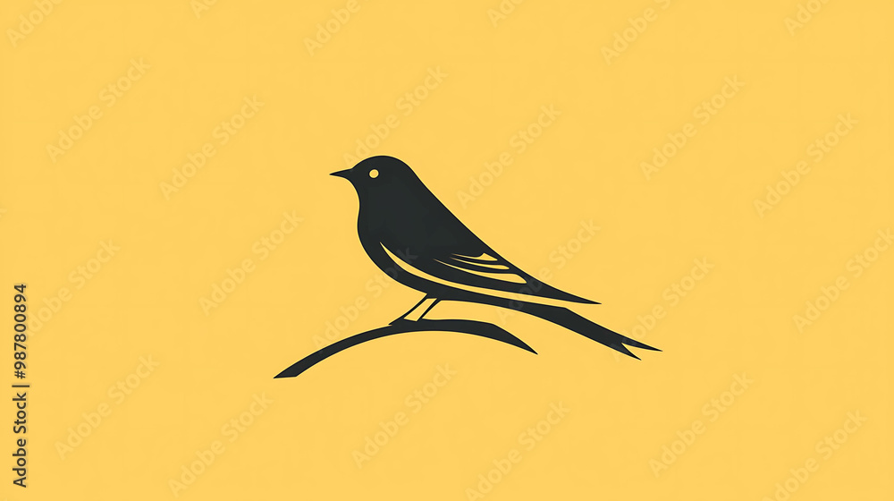 Simple silhouette of a bird on a branch on a yellow background. Simple silhouette of a bird on a branch on a yellow background.