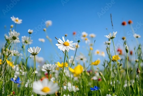 Beautiful Wildflowers in a Field with a Blue Sky
