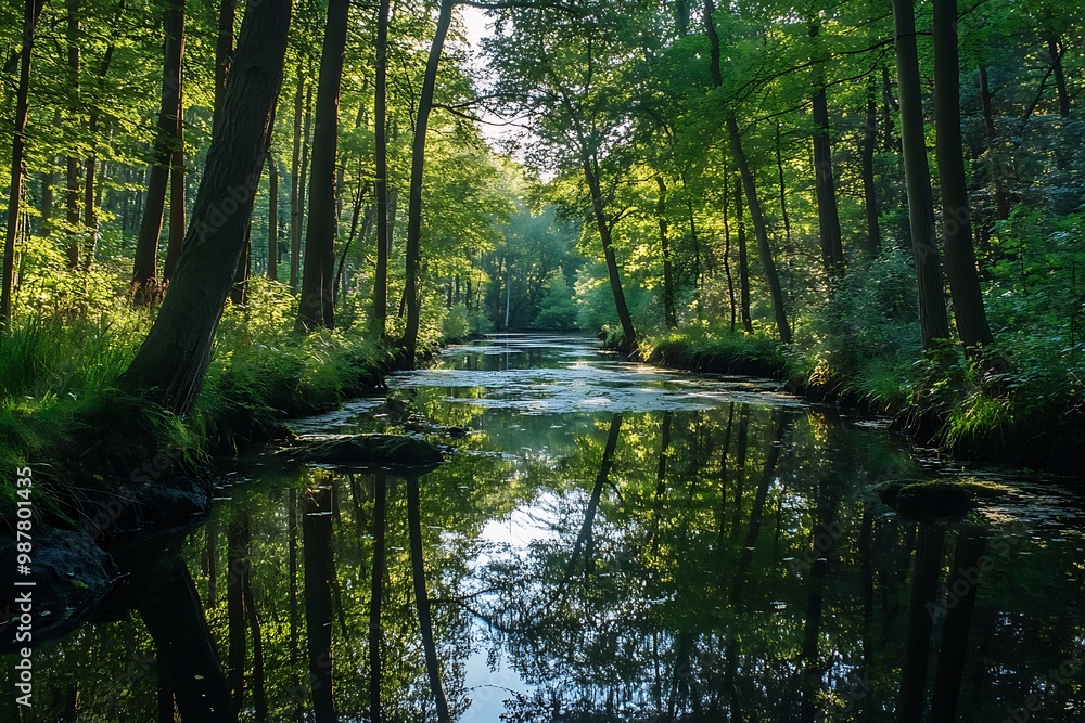 Tranquil River Flowing Through a Lush Green Forest Tranquil River Flowing Through a Lush Green Forest