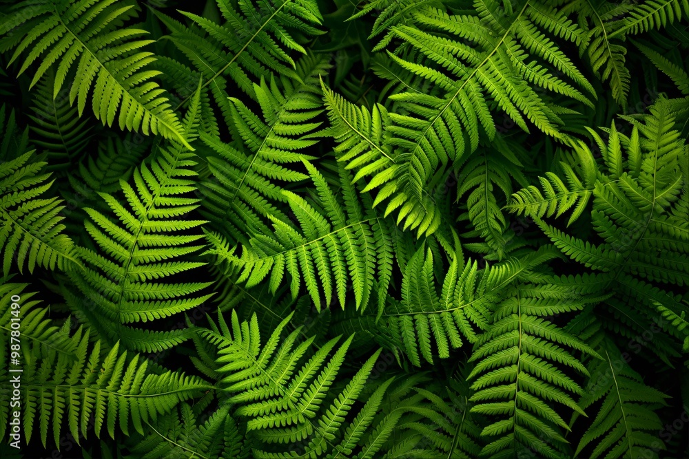 Lush green fern leaves create a vibrant natural backdrop. Lush green fern leaves create a vibrant natural backdrop.