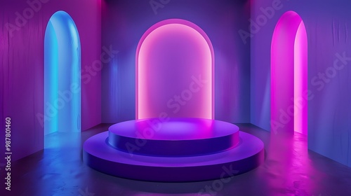 Stage scene pedestal area stand violet neon purple pastel floor contemporary geometric wall render violet bright blue