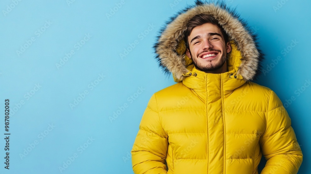 Young smiling fun man 20s wearing yellow puffer down jacket with fur hood look aside on workspace area mock up isolated on plain blue color background studio portrait. People winter lifestyle concept Young smiling fun man 20s wearing yellow puffer down jacket with fur hood look aside on workspace area mock up isolated on plain blue color background studio portrait. People winter lifestyle concept