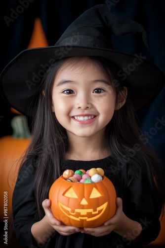 Adorable child in witch costume holding a pumpkin bucket filled with candies, celebrating Halloween with a big smile.