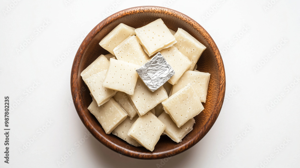 Kaju Katli with silver paper top coating in Royal wooden bowl Kaju Katli with silver paper top coating in Royal wooden bowl