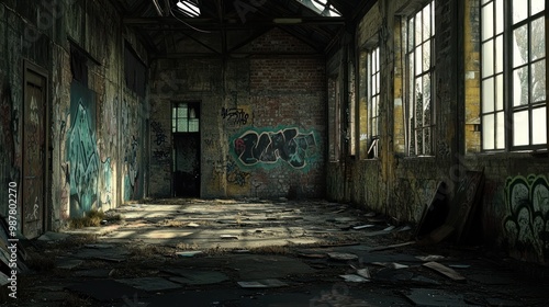 Abandoned Industrial Building with Graffiti and Broken Windows