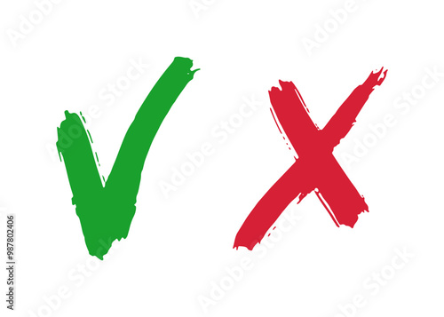 Hand drawn checklist symbols. Green check mark and red cross mark vector icons.