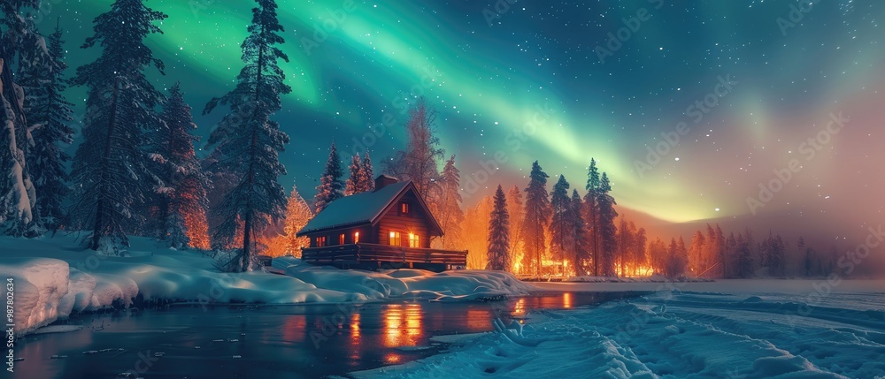 A cozy cabin nestled in a snowy forest under the vibrant glow of the aurora borealis. A cozy cabin nestled in a snowy forest under the vibrant glow of the aurora borealis.