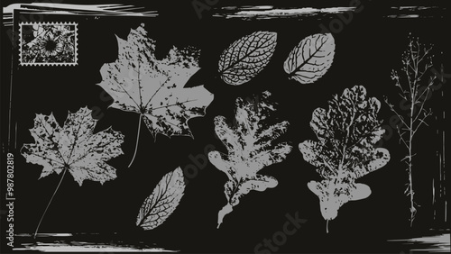 Autumn Leaves grunge with a grainy effect and stippling. Vintage y2k set  with retro negative photocopy effect. Vector stock illustration